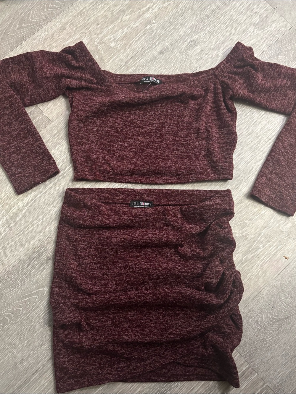 Fashion Nova Burgundy Off-Shoulder Ruched Knit Mini Set